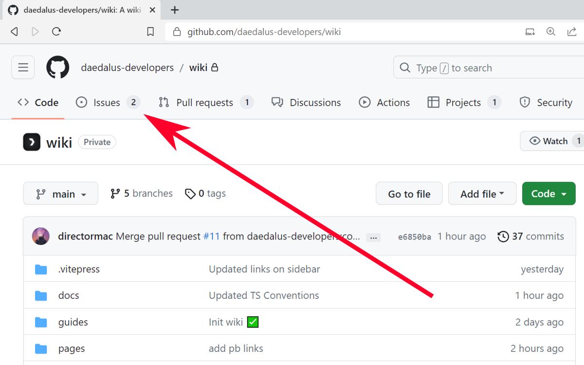 Issues tab is on the top-left of the page next to the Code tab.