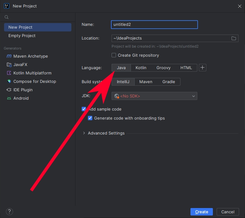 Select language: Java.