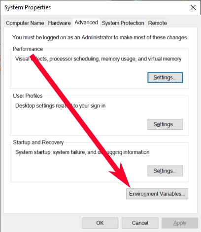 Press on the Environment Variables button from the System Properties popup.